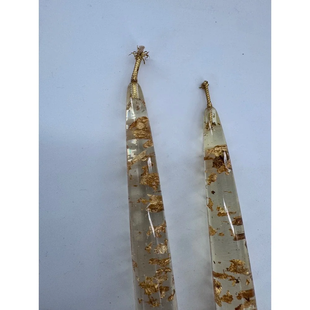 Lucite Taper‎ Candles 8in Clear Gold Leaf Flake Acrylic Set of 2 MCM